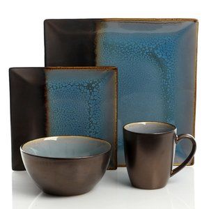 KAIDENCE 16-pcs Square Dinnerware Set,  Blue/Black, Stoneware, Metallic Reactive